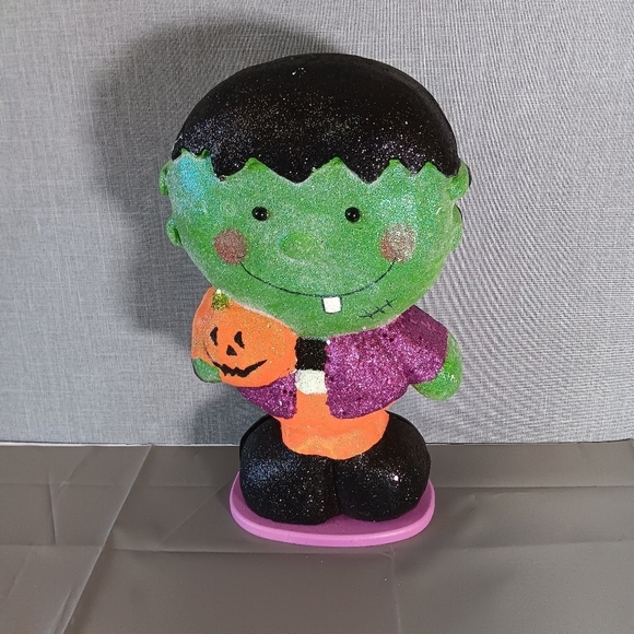 Halloween Frankenstein 12.25” Prop Decor Figure Hard Foam Glittered Pumpkin Goth - Picture 7 of 11
